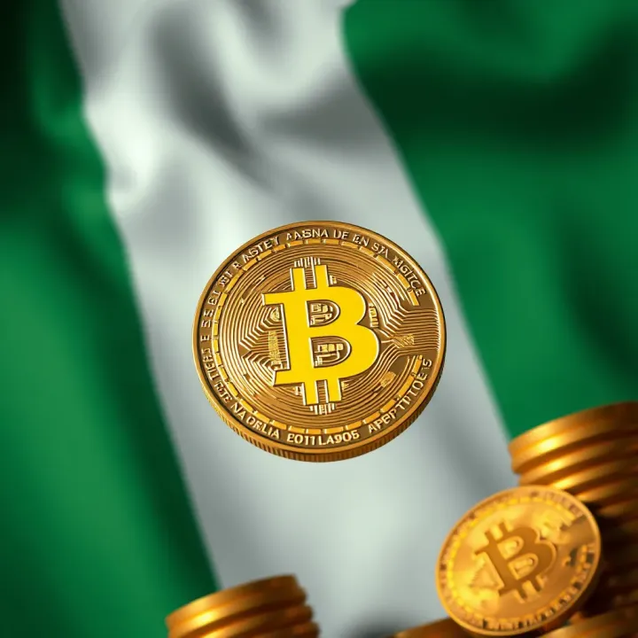 Digital representation of Bitcoin tokens floating over a Nigerian flag backdrop symbolizing cryptocurrency adoption