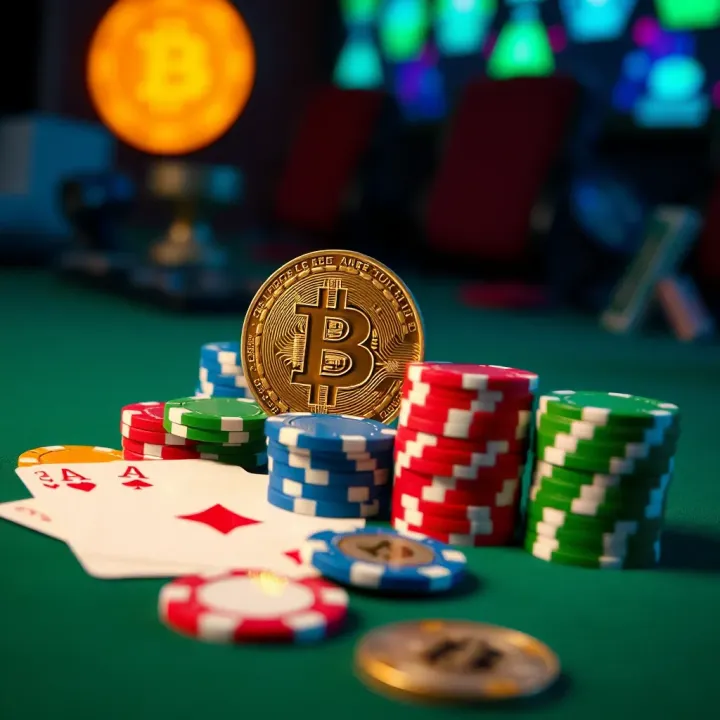 Colorful casino chips and playing cards placed beside a glowing Bitcoin symbol representing online crypto gambling