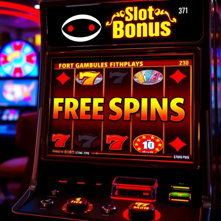 Illustration of a digital slot machine with glowing reels and a free spins notification