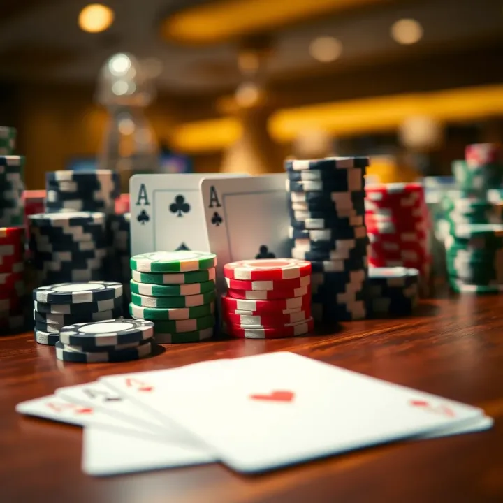 Close-up of casino chips and playing cards arranged on a polished wooden table