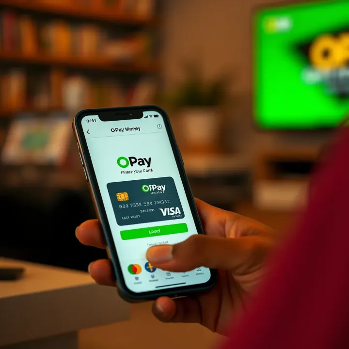 Mobile phone displaying OPay app with bank card linked for seamless transactions