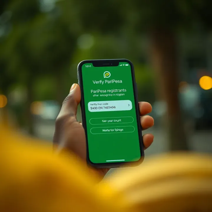Verification code being entered on mobile device after completing PariPesa sign-up