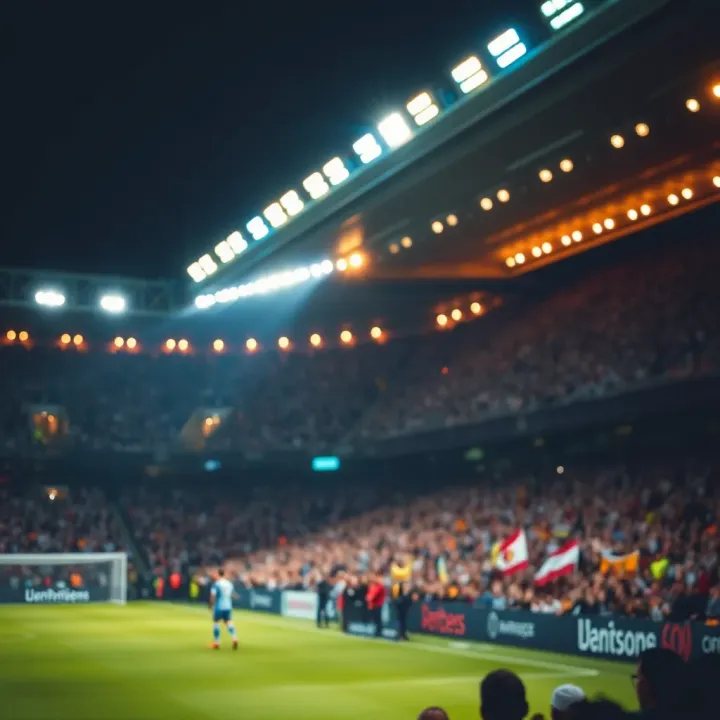 Soccer stadium filled with cheering fans during a night Champions League match
