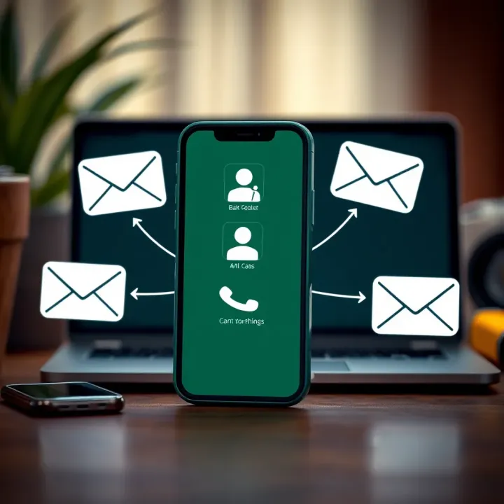Various communication devices including a smartphone, laptop, and email icons representing contact options