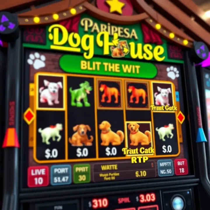 Paripesa Dog House Slot Game Display with Themed Symbols Interface of Paripesa Dog House slot game showing colorful dog-themed symbols and payout details