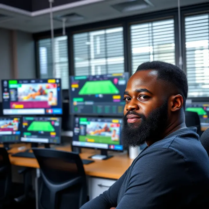 Paripesa's Impact on Nigeria's Betting Industry Modern office environment showcasing Paripesa's innovative gaming platform on multiple screens