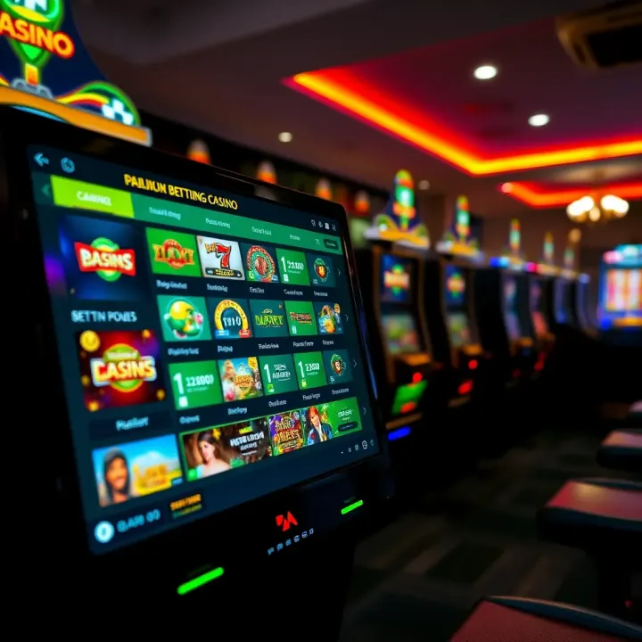 Graphic depicting an online casino gaming screen with colorful slot machines and betting options