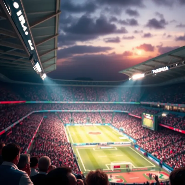 Football stadium lit up for an evening Serie A match with cheering crowd