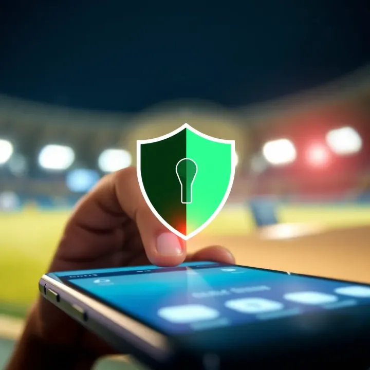 Graphic showing secure online betting with mobile phone and shield icon representing protection and privacy