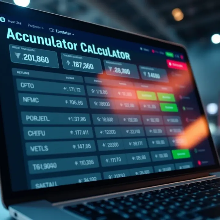 Screenshot of an accumulator calculator interface showing input fields and potential returns for sports bets