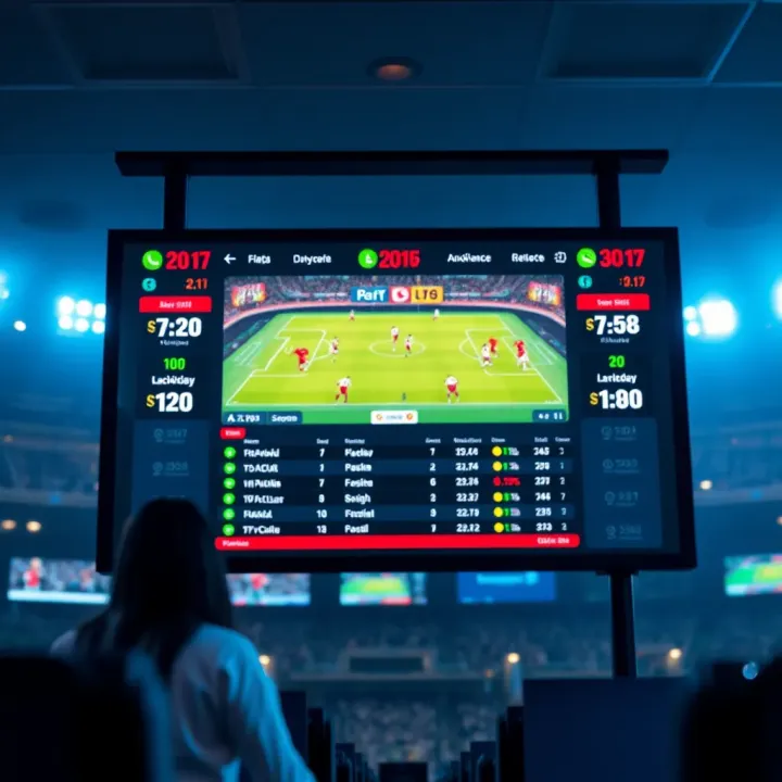 Digital display showcasing live football match scores and statistics on a vibrant interface